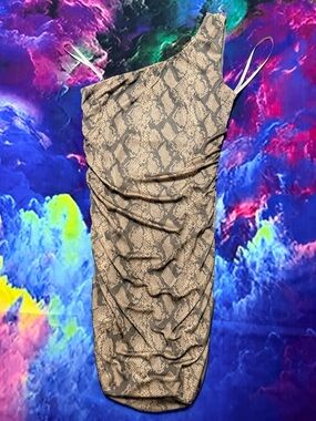 One-Shoulder Snake-Print Dress in Gray